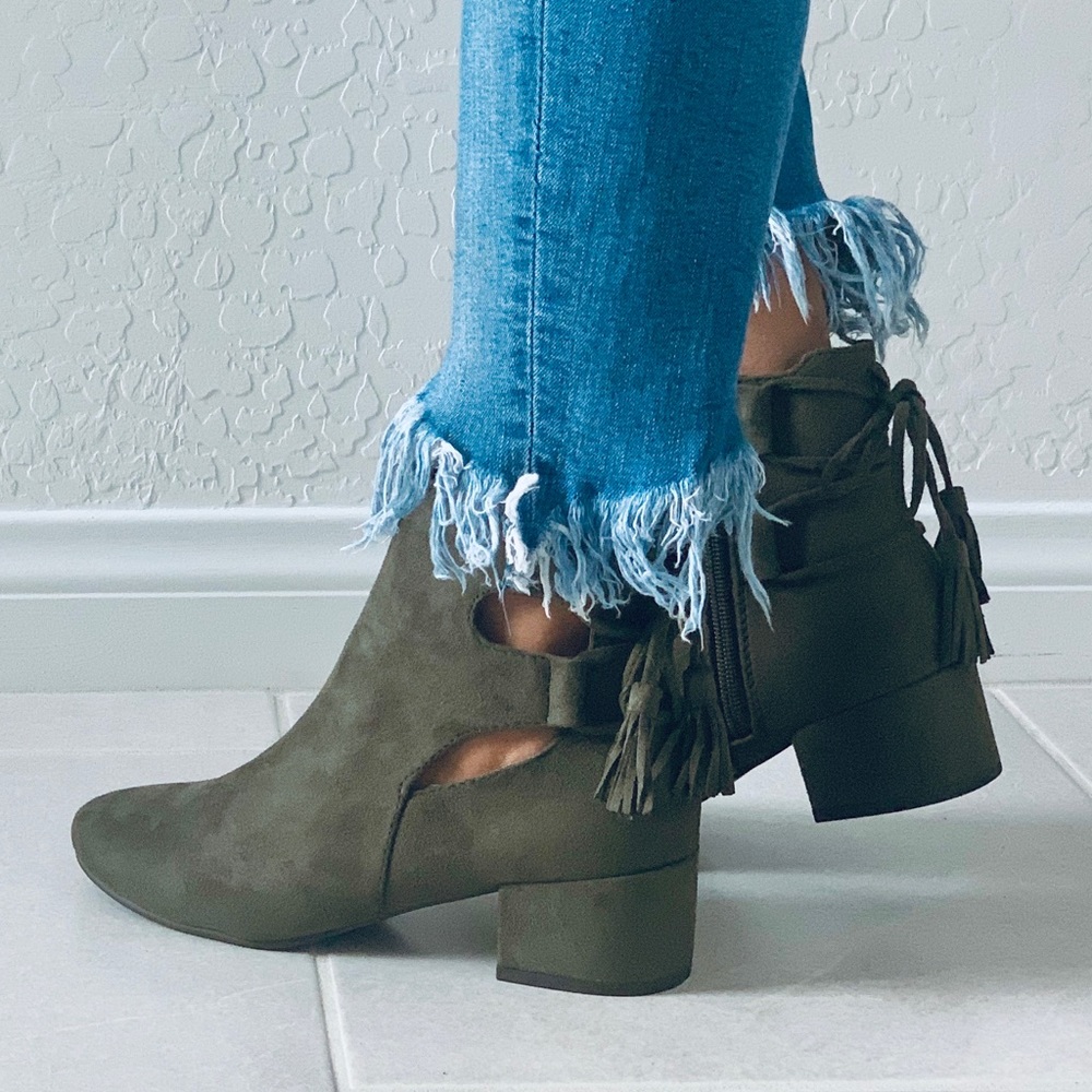 NIB Military Green Tassel Lace Back Ankle Bootie